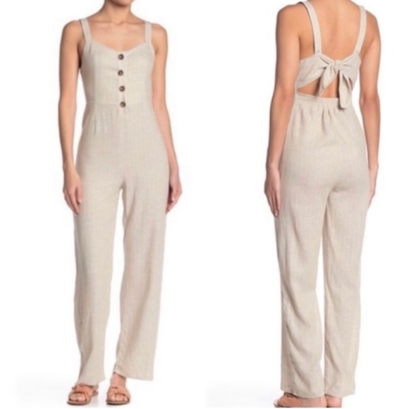 Romeo & Juliet Couture Pants - Romeo+Juliet Couture Jumpsuit Striped Beige Linen Jumper w/Back Tie S